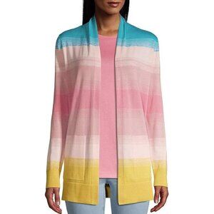 Lands End Open Front Cardigan Womens Striped Blue Pink Yellow 100% Cotton Sz MP